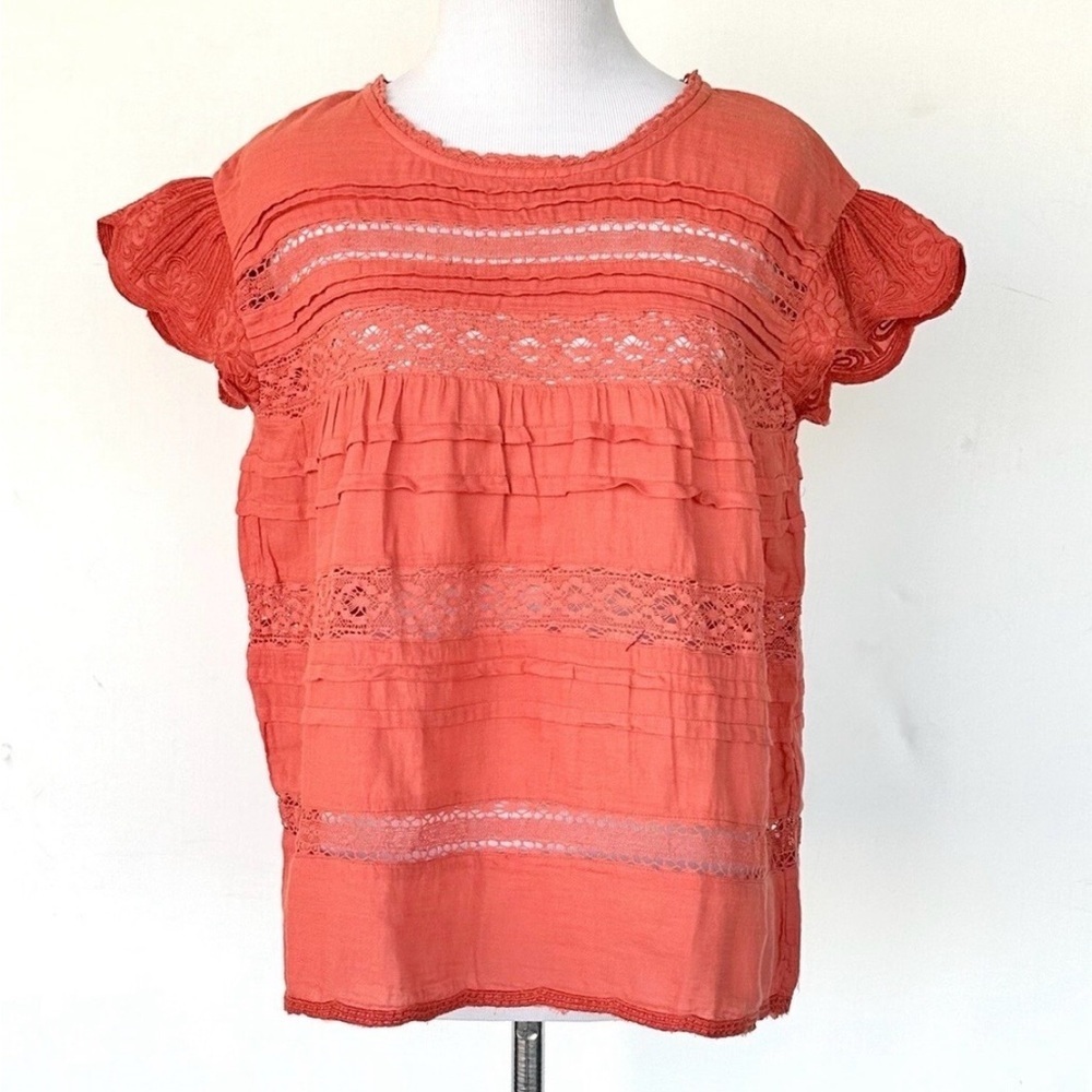 Sundance aria Coral Orange Top Short Sleeve Lace Embroidered Size S boho Chic.